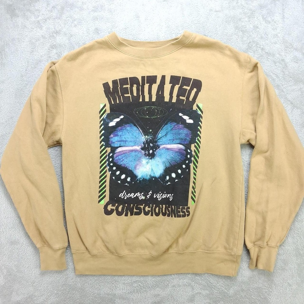 Neon Riot Mens Butterfly Graphic Crewneck Sweatshirt Meditated Dreams Tan Medium